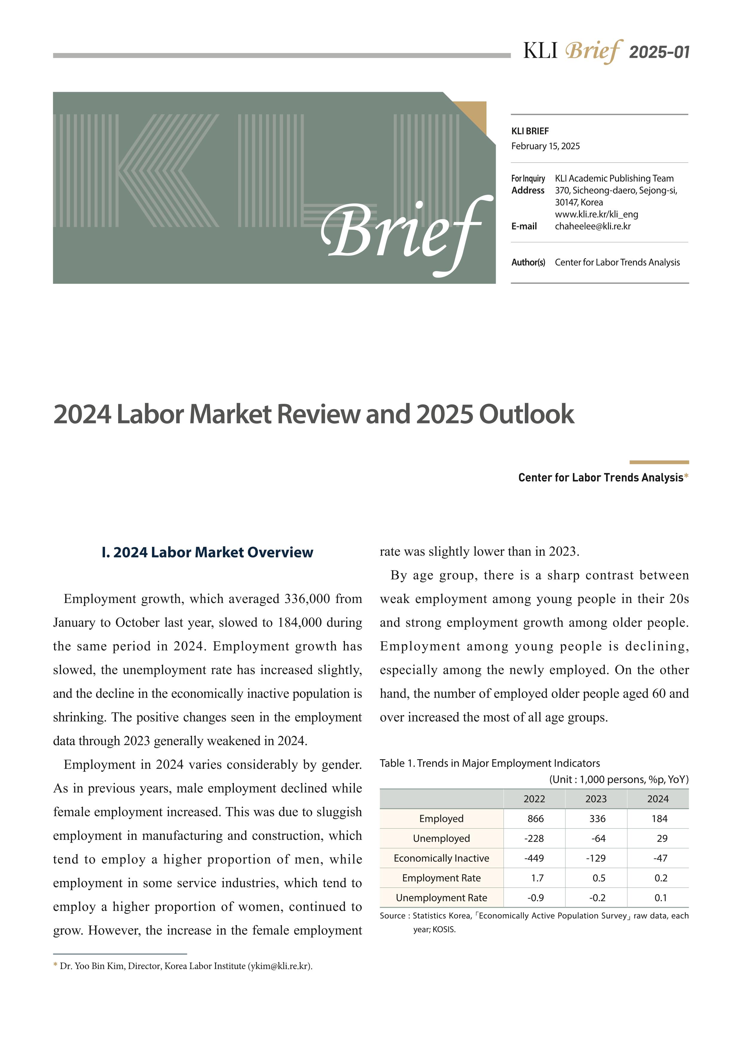 [KLI Brief 2025-01] 2024 Labor Market Review and 2025 Outlook [KLI Brief 2025-01] 2024 Labor Market Review and 2025 Outlook