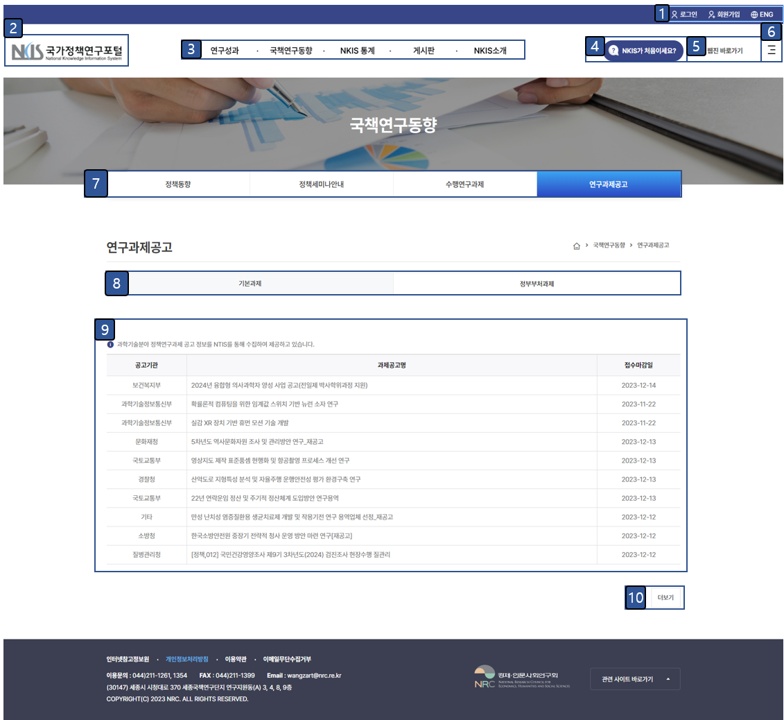 국책연구동향 연구기관 과제공고 정부부처과제 화면